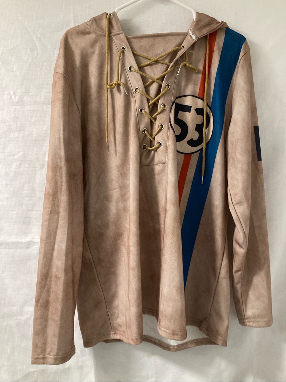 Unbranded Men’s Lace Up 53 Racing Stripe Hoodie Tan Size L Y2K